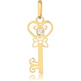 Carol Jewelry 14k Solid Yellow Gold Key of Heart Shaped with Synthetic White Cubic Zircon Pendant for Necklace for Women and Teens