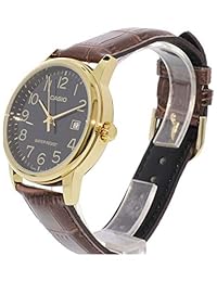 Casio # mtp-v002gl-1b estándar de hombre analógico tono de oro correa de piel día fecha reloj