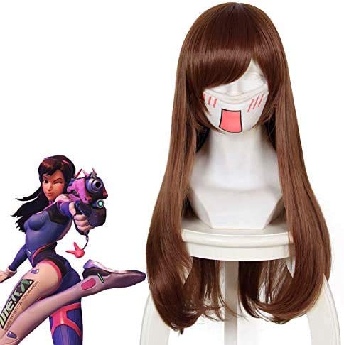 MUZI WIG Overwatch Cosplay Wig for Game D.VA Hana Song Cosplay Women Fashion Long Straight Hair Brown Halloween Costume Anime Wig with Free Wig Cap
