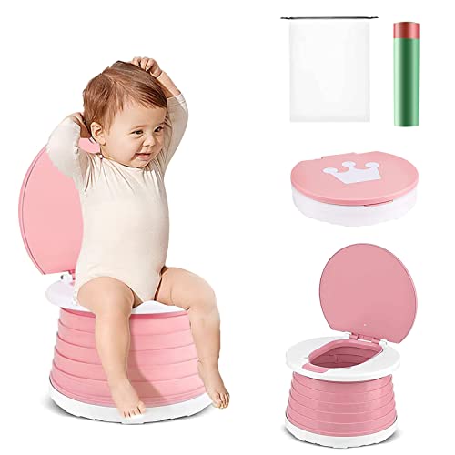 Folding Toilet for Children, Travel Potty, Folding Toilet Chair, Portable Potty Seat, Indoor Outdoor Travel Potty for Baby Training with Travel Bag (Pink)