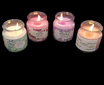 Cilfex Premium Richly Scented Candles Set in Glass Jars for Home Decoration and Gift for Diwali with 24 Hours Burn Time, Lavender Vanilla Rose and Jasmine Aromas, Pack of 4