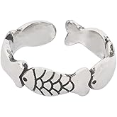 Cute Little Fish Statement Ring for Women Vintage Chinese Style Lucky Koi Adjustable Open Wrap Stacking Finger Knuckle Middle Eternity Rings Fashion Wedding Bands Exquisite Animal Jewelry for Her