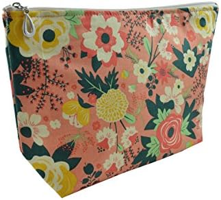 Dana Herbert Designer Travel Cosmetic Tolietries Bag, Size Large 6x10 inch Cotton with Plastic Liner, Handmade in USA, Coral Floral Pattern