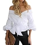 Lily Rosie Girl Women's Casual Bow Ruched Sleeves Blouse Off shoulder Ruffled Tops (Medium, White)