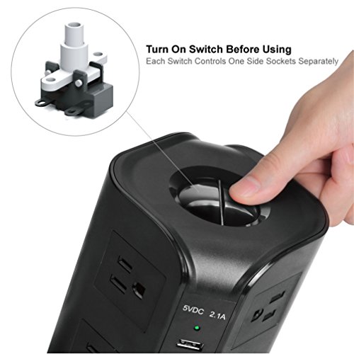 SAFEMORE Smart Power Plug Surge Protector Power Strip Tower 8-Outlet 4-USB Desktop Charging Station Multiple Plug Outlets with 6.5ft/2M Long Power Cord 110V Outlet Tower (Black)
