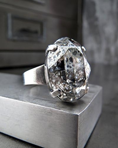 Swarovski Crystal Silver Patina Oval Cocktail Ring, Adjustable Antiqued Silver Plated Band, Gothic Jewelry