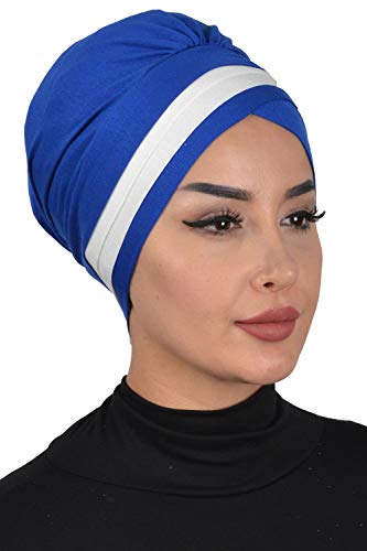 Instant Turban Cotton Scarf Head Wrap Cancer Chemo Headwear Two Colr Blue Ivory