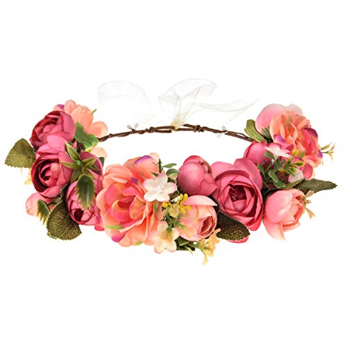 June Bloomy Women Rose Floral Crown Hair Wreath Leave Flower Headband with Adjustable Ribbon (1# Pink Coral) - Thumbnail 2