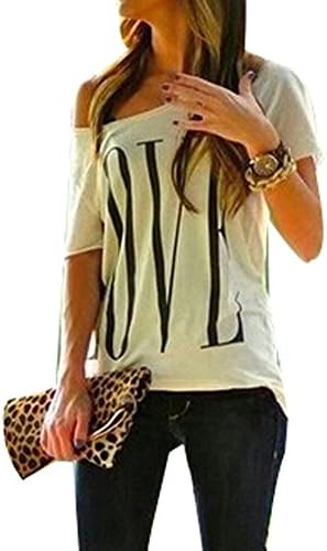 Lifeberry Fashion Women Short Sleeve Off One Shoulder Love Letter Printed Shirt