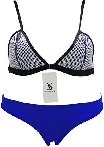 FLORAVOGUE Women Neoprene Bikini Mesh Triangle Set Bathing Suits Blue Large