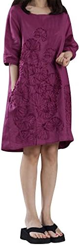 MIARHB Women's Cotton Linen Dress Loose Casual Short Sleeve Floral Printed Mini Dresses