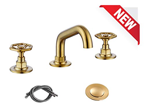 RKF Solid Brass Two Handle Widespread Bathroom Sink Faucet with Pop-up Drain with overflow and CUPC Faucet Supply Hoses,Brushed Gold,CWF026C-BG