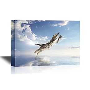 Funny Flying Animals Canvas Wall Art - A Cat Flying Above The Water - Gallery Wrap Nursery Wall Decoration/Kids