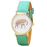 Ryanwayland Fashion Multi Color Flower Elephant Women's Leather Dress Watches Gold / Mint Green