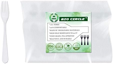 150 Compostable Forks Disposable Cutlery Set by Bio Circle - 100% Biodegradable Heavyweight Utensils for Parties, Catering, Restaurant & Everyday Use (Milk White, 7.2 in.)