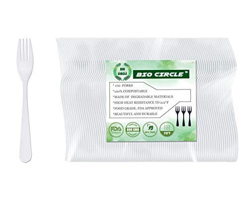 150 Compostable Forks Disposable Cutlery Set by Bio Circle - 100% Biodegradable Heavyweight Utensils for Parties, Catering, Restaurant & Everyday Use (Milk White, 7.2 in.)