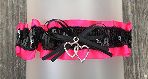 Sexy Hot Pink Satin Black Sequin Accented Keepsake Wedding Bridal Garter - Double Heart Charm