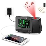 SMARTRO SC31B Digital Projection Alarm Clock with Weather Station, Indoor Outdoor Thermometer, USB Charger, Dual Alarm Clocks for Bedrooms, AC & Battery Operated