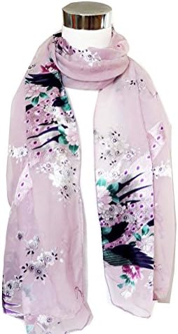 Chiffon/Satin Blend Peacock Print on Lavender - Silk Long Scarf 22" x 70"