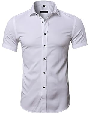Men's Slim Fit Solid Short Sleeves Dress Shirts Elastic Bamboo Fiber Button Down Shirts