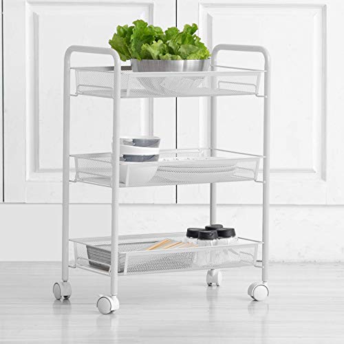 Iris'Home Easy Assemble 3-Tier Bathroom Cart, Small Rolling Cart, Office File Cart, Kitchen Storage Cart on Wheels, Utility cart, Storage Rack, Mesh Designing -White