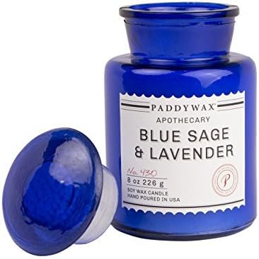 Paddywax - BLUE APOTHECARY COLLECTION - Luxury Fine Fragranced SOY WAX Candle - Artisan Poured - 8oz - 60 Hour - RECYCLABLE BLUE APOTHECARY BOTTLE - BLUE SAGE &amp; LAVENDER by Blue Apothecary