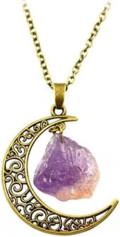 Gergory Original Handmade Natural Crystal Stone Moon Pendant Necklace With 20" Silver Plated Chain (Brass+Purple)