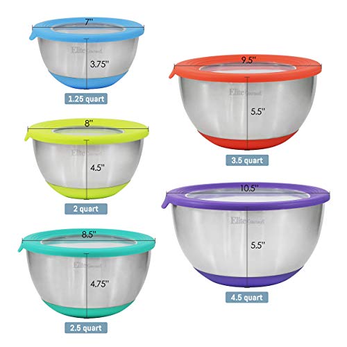 Maxi-Matic EBS-1810 10-PC Stainless Steel Mixing Bowl Set with Silicone Bottom and Transparent Lids, Piece, Multi-Colored - Thumbnail 2