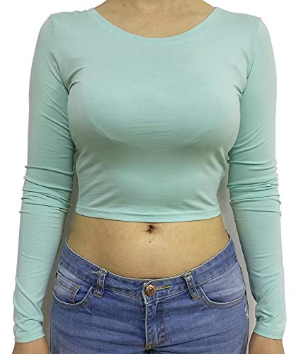 Women's Basic Round Neck Long Sleeve Crop Top (Mint, X-Large)