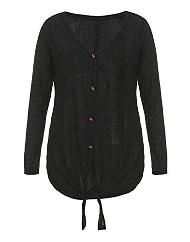 Womens Waffle Knit Tunic Blouse Front Tie Knot Henley Tops Button Down Knitting Cardigan Batwing Plain Shirts Black M - Thumbnail 5