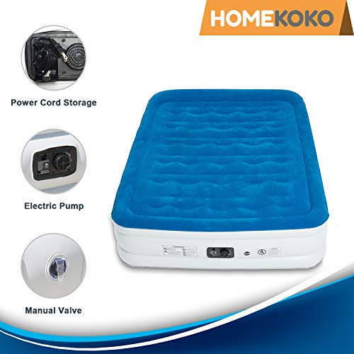 HOMEKOKO Queen Air Mattress with Built-in Electric Pump and Pillow, Inflatable Bed Portable Mattress Double High Queen Airbed,Blue