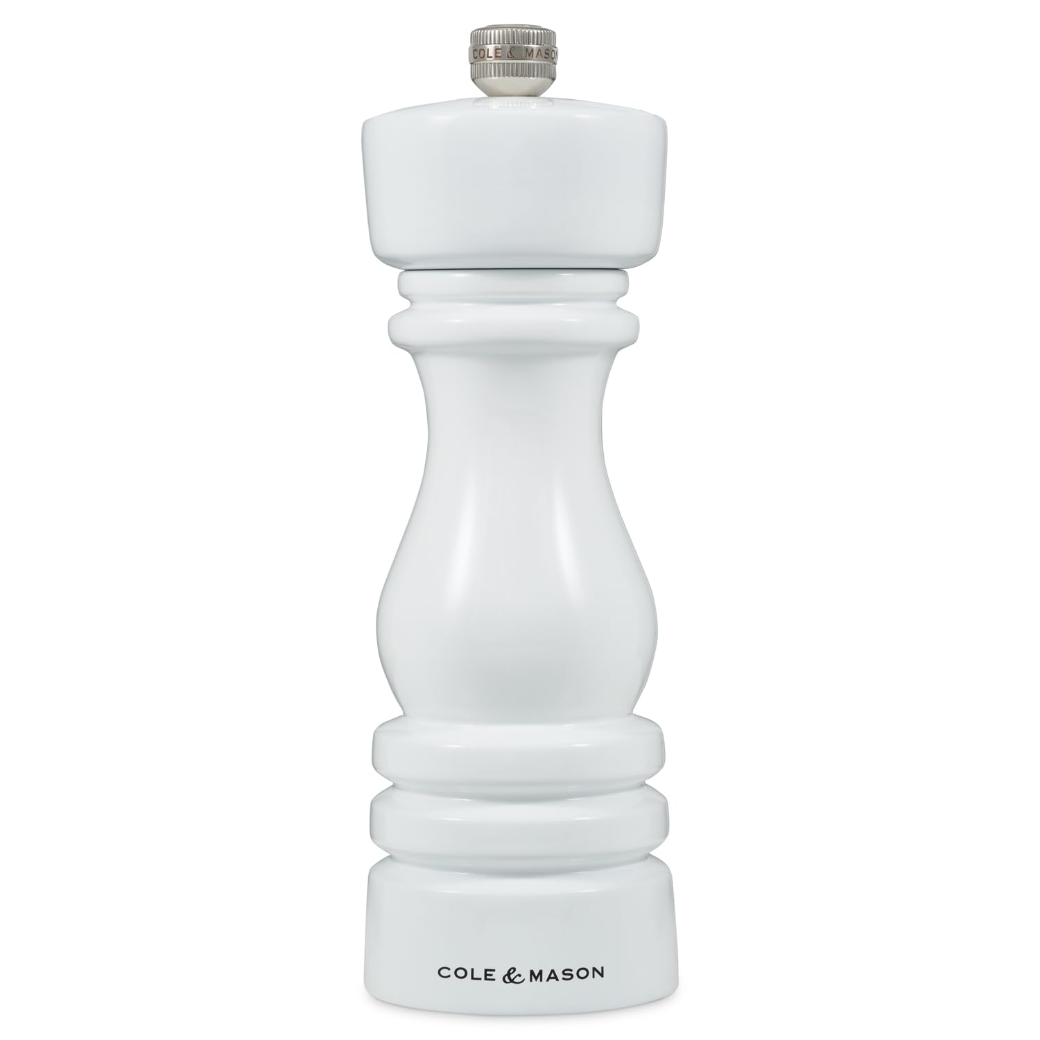Cole & Mason London White Gloss Pepper Mill, 18cm Pepper Grinder with Adjustable Grind, Precision+ Carbon Mechanism, Beech Wood, Seasoning Mill, Lifetime Mechanism Guarantee