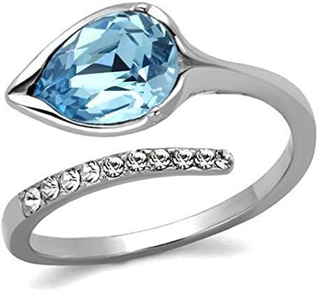 Jewelryfinds Stainless Steel Pear Teardrop Aqua Light Blue Topaz Aquamarine Cz Ring