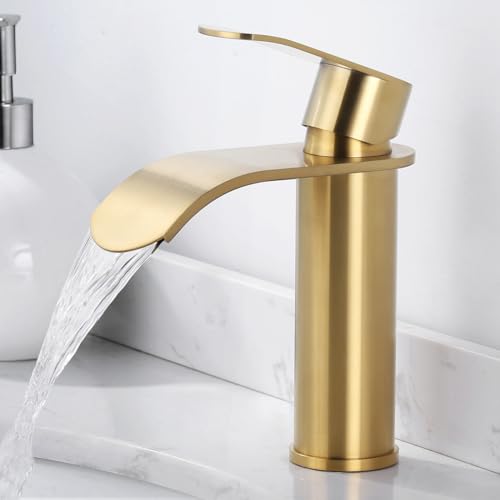 ARCORA Basin Faucet, Stainless Steel Bathroom Faucet, Single Handle Sink Mixer Tap, Waterfall Spout Low Noise for Bathrooms, Gold