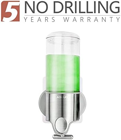 KRY Shower Soap Dispenser Single Chamber Wall Mounted NO DRILLING, for Dishwashing Liquid/Shampoo/Conditioner, Food Grade PC Plastic Bottles, Stainless Steel Panel, Zinc Metal T-bar, 15 oz x 1