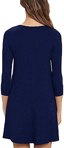 JINGJQINGCAO Chic Women's Crewneck Long Sleeve Pockets Casual Swing Loose T-shirt Dress A-line Navy BlueSmall