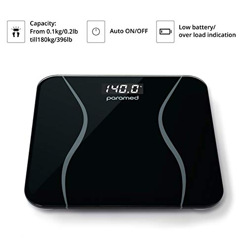 PARAMED Digital Body Weight Bathroom and Home Scale, Slim Design Weight Loss Monitor, 6mm Tempered Safety Glass Construction, Large LCD Backlit Display, Automatic Step-On Function, 396lbs - Black