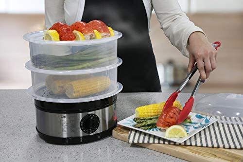 Elite Platinum EST-2301 Electric Food Steamer with BPA-Free 3 Tier Nested Trays w/Egg Rack, 650W Fast Heating, 8.5Qt, Stainless Steel