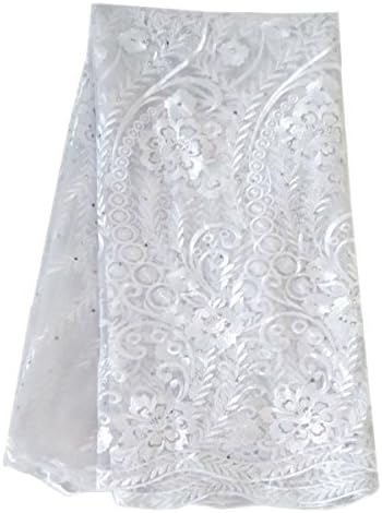 Lacerain 5 Yards Nigerian African lace Fabric French Flower Design Embroidered Tulle lace Fabric for Party Wedding Dress (White)