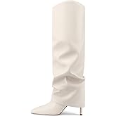 Vaslemuse Womens Fold Over Knee High Boots Stiletto High Heel Slouchy Tall Boots Pointed Toe Sexy Long Boots Fashion Dress Shoes with Side Zipper