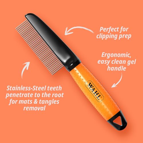 WAHL Grooming Comb for Dogs and Cats, Pet Grooming Tools, Minimal Pulls, Stainless Steel Teeth, Gel Handle, Orange