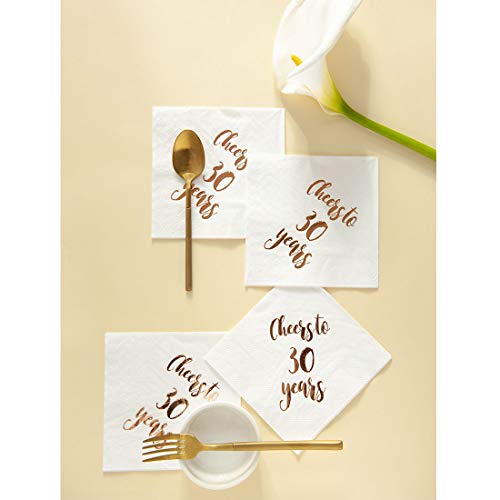 Cheers to 30 Years Cocktail Napkins, 50-Pack 3ply White Rose Gold 30th Birthday Dinner Celebration Party Decoration Napkin