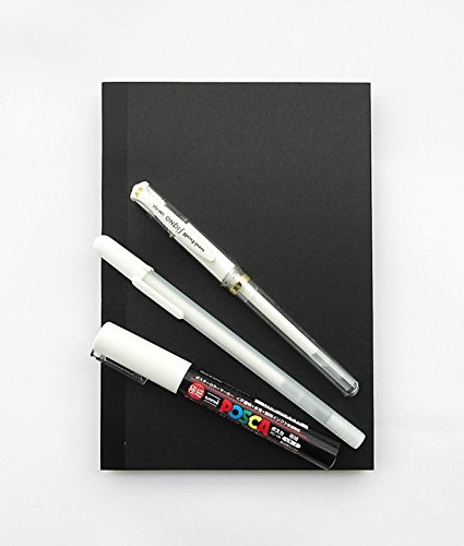 Unfigured Cover Black Paper Notebook & Set of 3 kinds of White Pen (Uni Ball Signo Broad Point Gel Impact Pen / Uni Posca Extra Fine Marker / Sakura Color ball sign souffle)