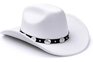 LolliWeaver Women Men Fashion Wide Brim Teardrop Crown Felt Western Cowboy Cowgirl Hat with Silver Studs Leather Hat Band