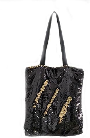 Fanrich Woman Fashion Two Color Reversible Sequin Tote Bag Handbag Glitter Paillette Shoulder Bag for Girl (Black-Champaign Gold)