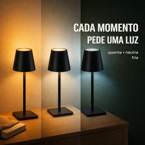 Luminária de Mesa LED Sem Fio, Recarregável via USB-C, Touch Dimerizável com 3 Tons de Luz, Portátil com Altura Ajustável (PRETO)