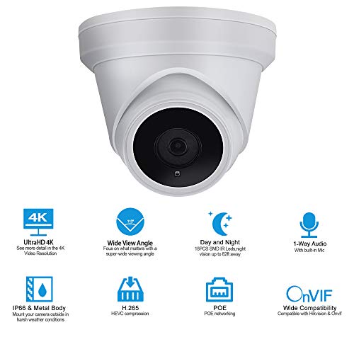 UltraHD 4K (8MP) Security POE IP Camera Dome VK-IMD28-A,2.8mm Fixed Lens,Resolution 3840x2160, 82ft Night Vision, Built in Audio Input,Compatible with Hikvision,Support Onvif,H.265,Weatherproof IP66
