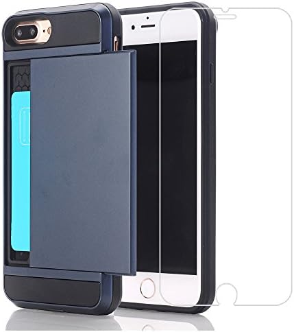 iPhone 7Plus Case+Screen Protector, Small7 Wallet Cover iPhone 7Plus Card Slot Case Protective Shell Rubber Bumper Case Anti-scratches Hard Cover Card Holder Wallet Case for iPhone 7Plus(Navy Blue)