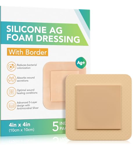 Silicone Border Silver Foam Dressing (4"x4") - 5 Pack | Antimicrobial Wound Care with Ag+ Technology | Absorbent, Water-Resistant & Skin | OTC Medical Foam Dressing