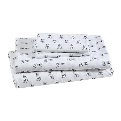 Beatrice Home Fashions Printed Microfiber Sheet Set, Soft Comfortable Easy Care, Includes 1 Fitted Sheet with 12 Deep Pockets, 1 Flat Sheet, Pillowcase, King, White Bulldogs